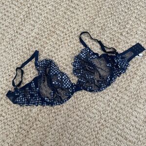 NWT Fleur du Mal Lily Embroidery Plunge Demi Bra, Navy Blue & White Gingham
